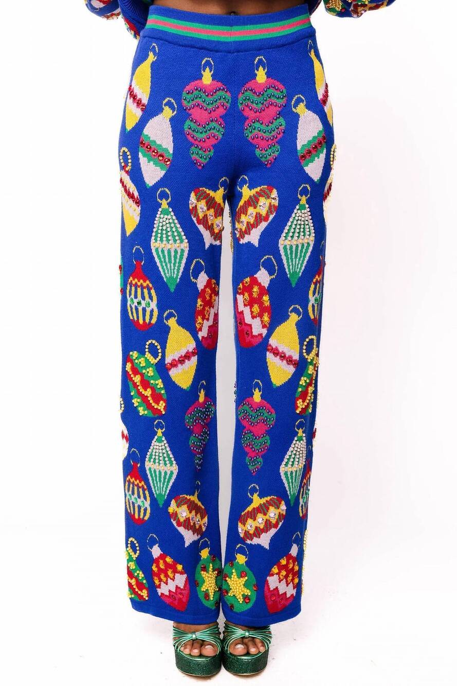 NEW QUEEN OF SPARKLES jeweled christmas ornament knit pants in blue